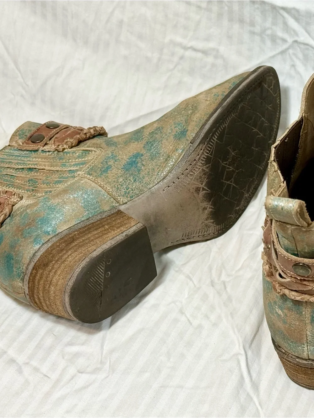 Circle G Teal Distressed Leather Ankle Booties with Braided Strap and Studs
